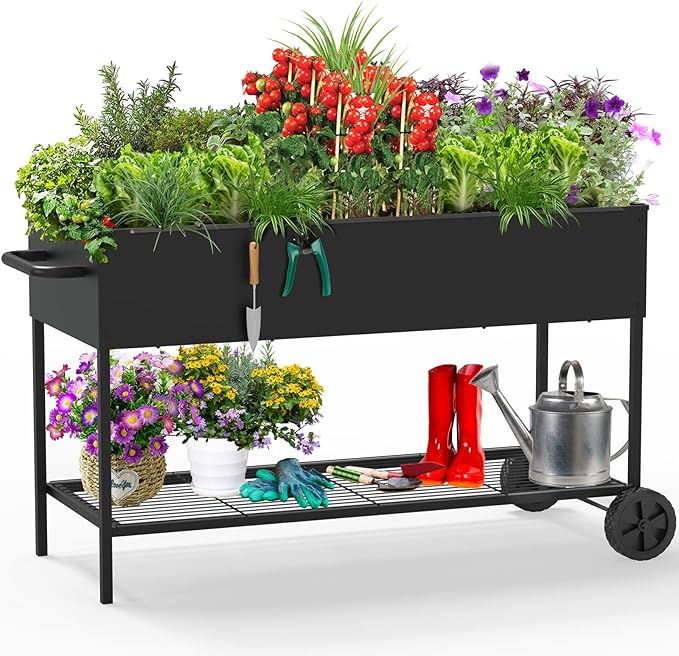 51 × 26 × 32 Inches Raised Garden Bed with Legs/Storage Shelf, Mobile Planter Box for Outdoor Plants, Elevated Garden Bed for Backyard, Balcony, Black