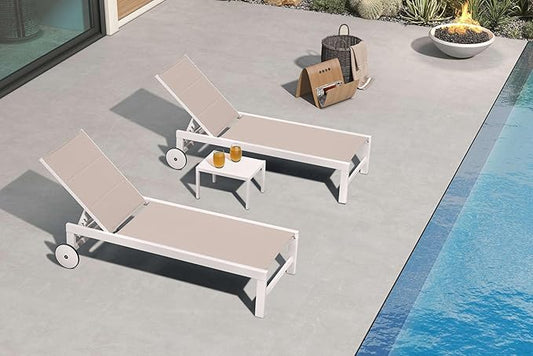 PURPLE LEAF Outdoor Chaise Lounge Set Staight Legs Adjustable Sunbathing Recliner with Side Table for Poolside Beach Outside Patio Aluminum Chaise Lounger Khaki