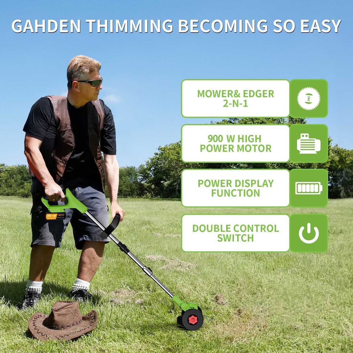 21V Electric Weed Wacker Eater Battery Powered, Cordless Weed Trimmer with 2 Battery Operated & Wheels, 3 in 1 Lightweight Grass Trimmer/Edger/Brush Cutter for Garden Yard Lawn