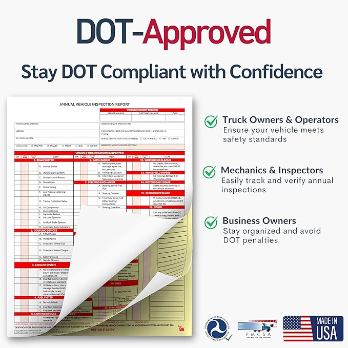 10 Pack 3-Ply Carbonless Annual Vehicle Inspection Report Forms with FMCSA Red Aluminum Adhesive Labels, DOT Inspection Forms and Stickers, Shrink-Wrapped, 8.5" x 11.75" - Made in USA