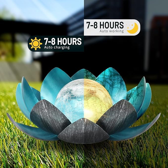 Lotus Solar Lights Outdoor,Solar LED Powered Garden Light Waterproof for Decor Tabletop Ground Yard Patio Walkway Landscape,Metal Glass LED Lotus Flower Lights