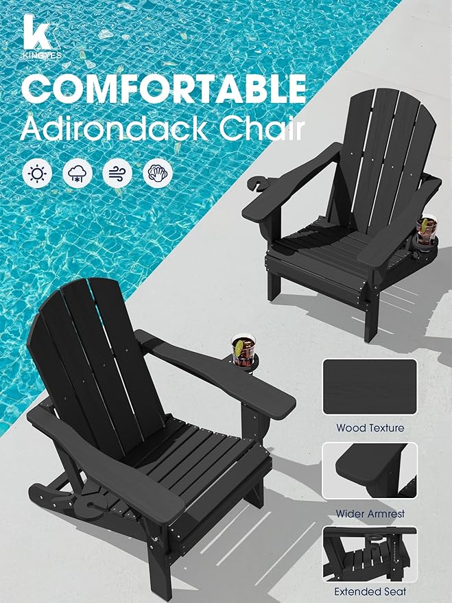 KINGYES Folding Adirondack Chair Set of 4, Dual Cup Holders & All-Weather HDPE, Wood-Like Patio Chair for Backyard, Camping, Pool & Fire Pit, Black