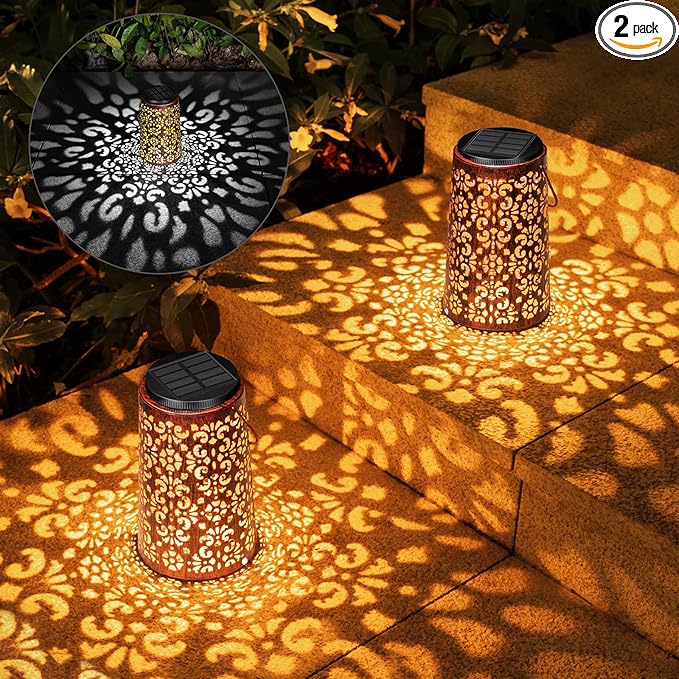 JSOT Solar Lanterns - Solar Lanterns Lights Outdoor Waterproof Gift for Women Mom Grandma, Metal Hanging Lights Decorative for Patio Garden Yard Backyard Porch Table Tree , Cool/Warm Light, 2 Pack