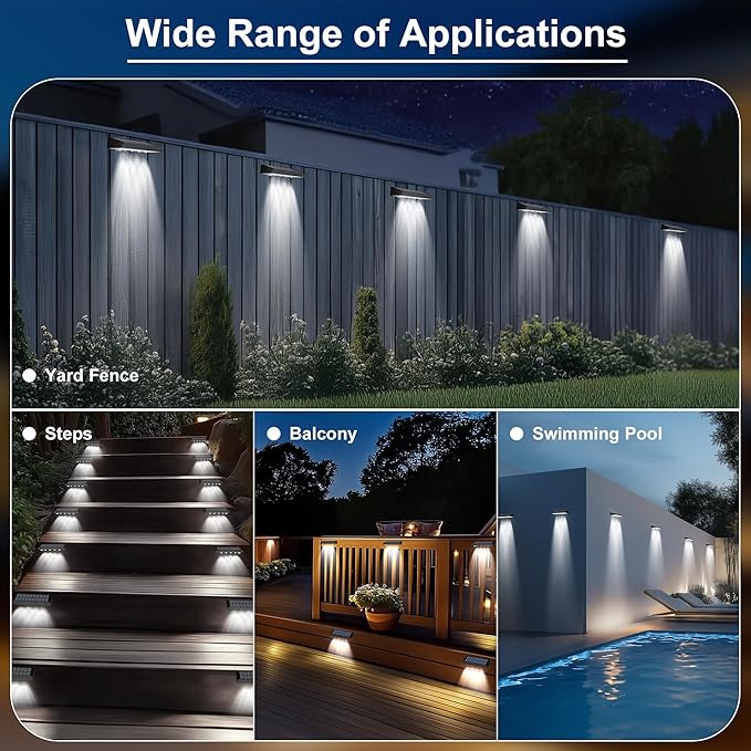 Solar Fence Lights Outdoor Waterproof IP65, 12 Pack Fence Lights Solar Powered 60 Lumens Auto On/Off Step Wall Lights Outside Decorations for Yard, Porch, Patio, Stairs, Pool, Deck, Garden-White Light