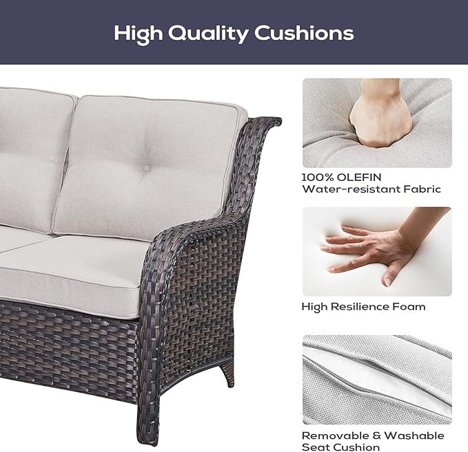 Outdoor Furniture Sectional Sofa L Shaped Couch - Patio Wicker Set with 2 Swivel Glider Chairs, 5 Piece Rattan Patio Conversation Sets with Beige Cushion for Deck Backyard Sunroom