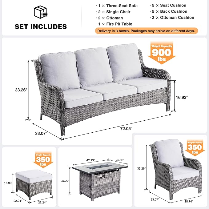 ovios 6 Pieces Patio Furniture Set with 42" Fire Pit Table, Outdoor Wicker Sofa with Ottomans, Comfy Cushions, High Back Couch Conversation Set, Grey Rattan, Grey