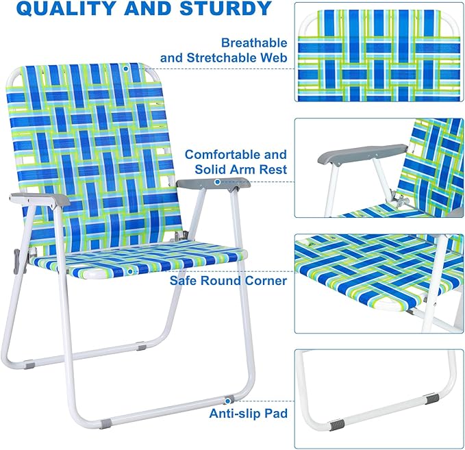 VINGLI Oversized Patio Lawn Chairs Folding 1 Piece, Webbed Folding Chair Outdoor Beach Chair Portable Camping Chair for Yard, Garden (Blue, Oversized)
