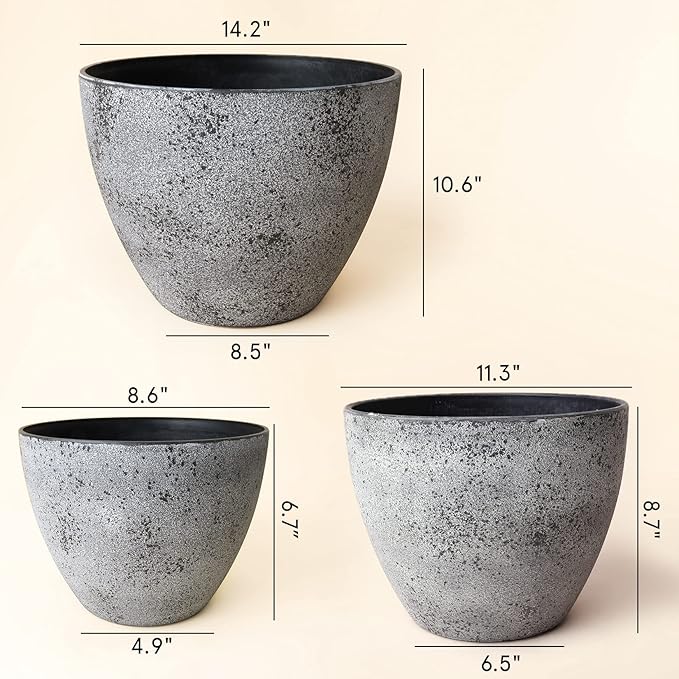 LA JOLIE MUSE 14.2/11.3/8.6 Inch Planters,Set of 3 Indoor/Outdoor Round Planters,Grey Tree Planters,Plant Container with Drain Holes,Flower Pots for Patio and Deck