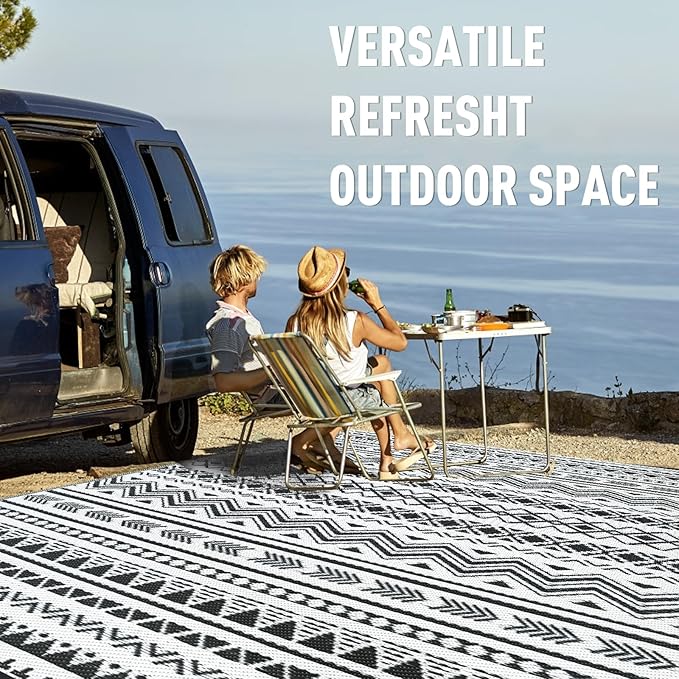 WILDROOTS 9x12 Feet Black and White Plastic Outdoor Rug, Stain Resistant Waterproof Reversible Outdoor Patio Rug, Fade Resistant Camping Rug