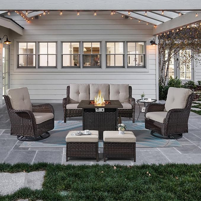 Outdoor Patio Furniture Set with Propane Fire Pit Table, 7 Pieces Wicker Patio Conversation Set with 2 Swivel Glider Rocker Chair Rattan Sofa Beige Cushion Perfect for Casual Gathering