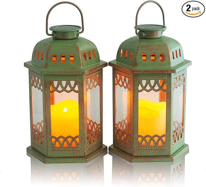 SteadyDoggie Solar Lanterns 2 Pack Green - Hanging Solar Lights with Flickering Candle LED - Retro Ornate Hanging Solar Lantern with Handle