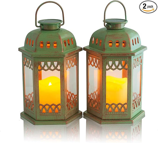 SteadyDoggie Solar Lanterns 2 Pack Green - Hanging Solar Lights with Flickering Candle LED - Retro Ornate Hanging Solar Lantern with Handle