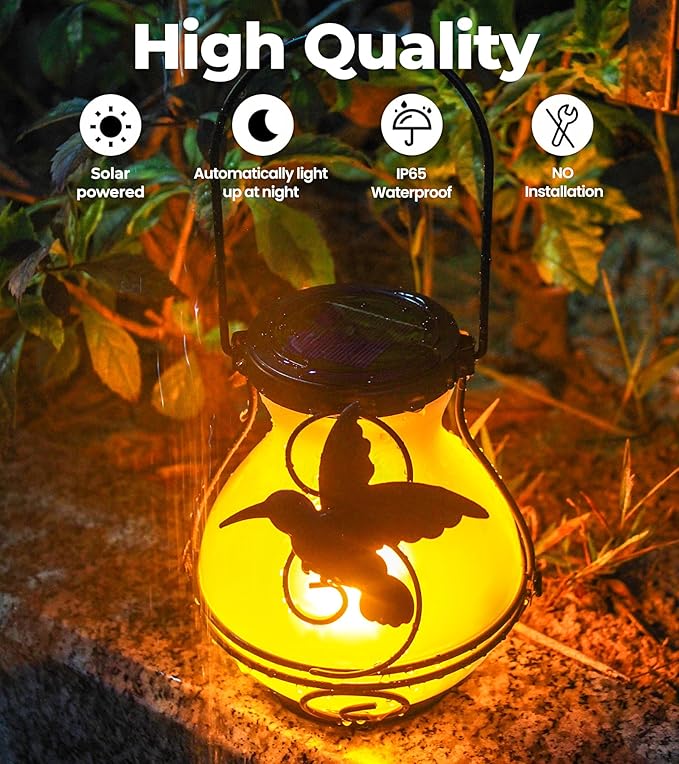 2 Pack Solar Flickering Flame Lights,Outdoor Upgraded Metal Lantern for Hanging Solar Powered Waterproof LED Flame Glass Lanterns for Patio Garden Christmas Halloween Decorations