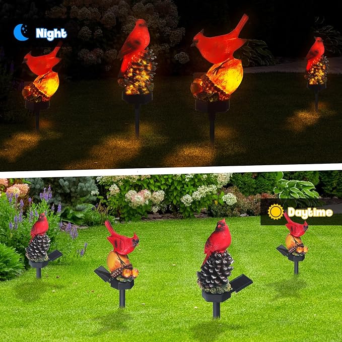 Capoda 2 Pieces Cardinal Garden Decorations Resin Bird Figurine Solar Light Stake Waterproof Light Stake Outdoor Decorations for Patio Yard Lawn Porch Pathway Christmas Decoration