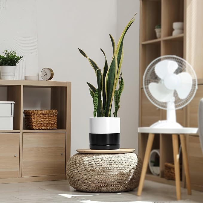 D'vine Dev 8.2 Inch Ceramic Planter Pot with Drainage Hole and Saucer, Indoor Cylinder Round Planter Pot, Layered Monochrome Black & White, 94-O-D-L