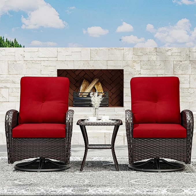 Joyside Outdoor Swivel Rocker Chairs, 3 Piece Wicker Patio Set with Thick Cushion and Side Table, Rattan Patio Swivel Rocking Chairs for Porch, Deck Use (Brown/Red, 3 PCS)