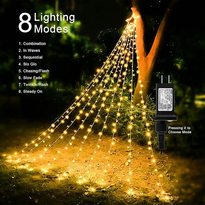 Christmas Star String Lights, 320 LED Waterfall Tree Lights with 13" Topper Star 8 Lighting Modes Indoor Outdoor Halloween Decorations for Holiday, Wedding, Party (Warn White)