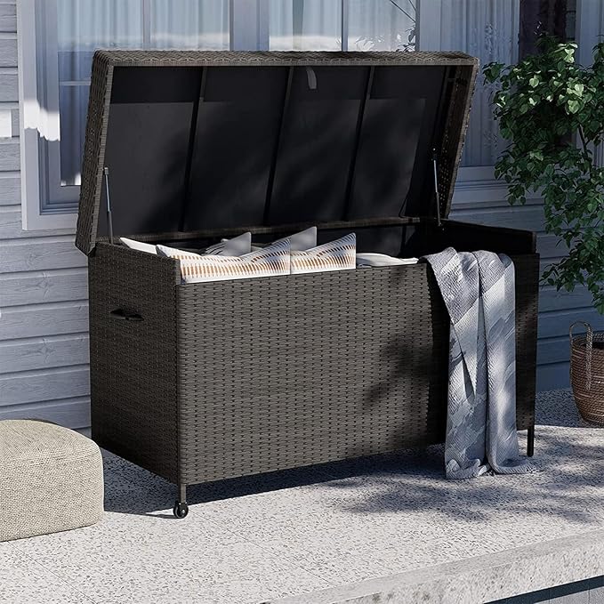 Grand patio 170 Gallon Storage Box, Dark Brown PE Wicker, Minimalist Style, Water Resistant, Flip Top, Smooth Wheels, for Patio Furniture Cushions, Garden Tools, Pool Accessories