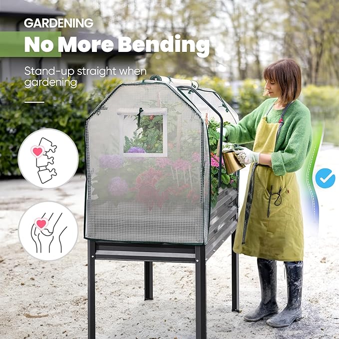 KING BIRD Large Raised Garden Bed with Cover Galvanized Elevated Planter Box with Legs 48×24×56 in for Backyard, Patio, Balcony, 400lb Capacity, Dark Grey