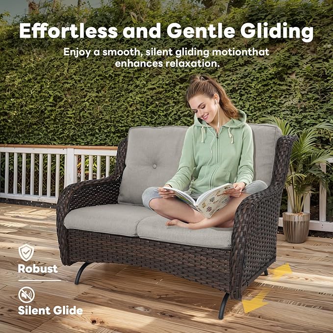 Outdoor Patio Furniture Set - 7 Piece Brown Wicker Conversation Patio Furniture Set All Weather Swivel Chairs with Ottoman and Loveseat Glider Chair for Deck Balcony Backyard