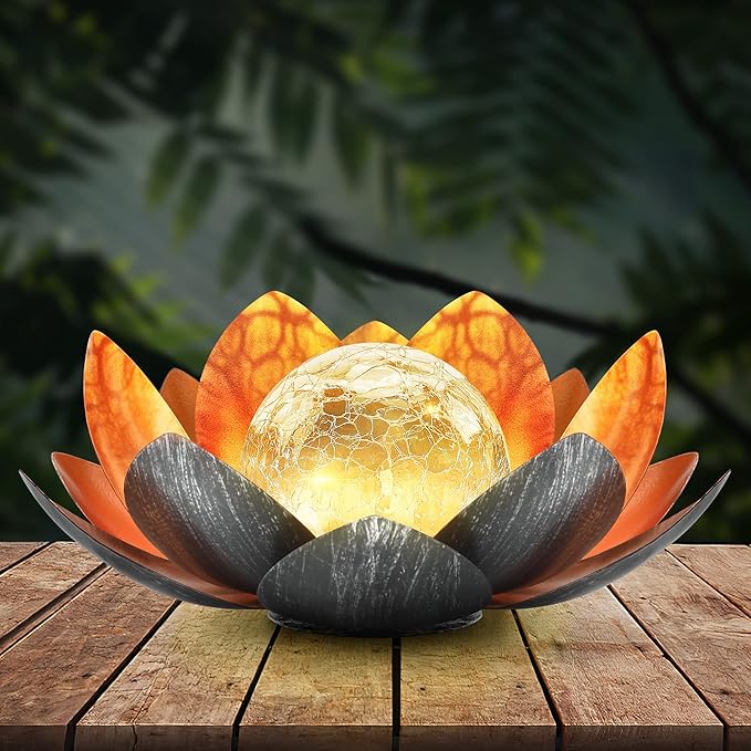 Outdoor Solar Lights, Garden Decor, Crackle Glass Globe, Waterproof Metal Lotus Flower Light for Patio, Lawn, Walkway, Tabletop, Ground