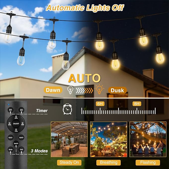 ZJOJO 60FT Solar String Lights Outdoor Waterproof, Solar Lights Outdoor with 15 Shatterproof Bulbs IP65, Patio Light for Outside Decor