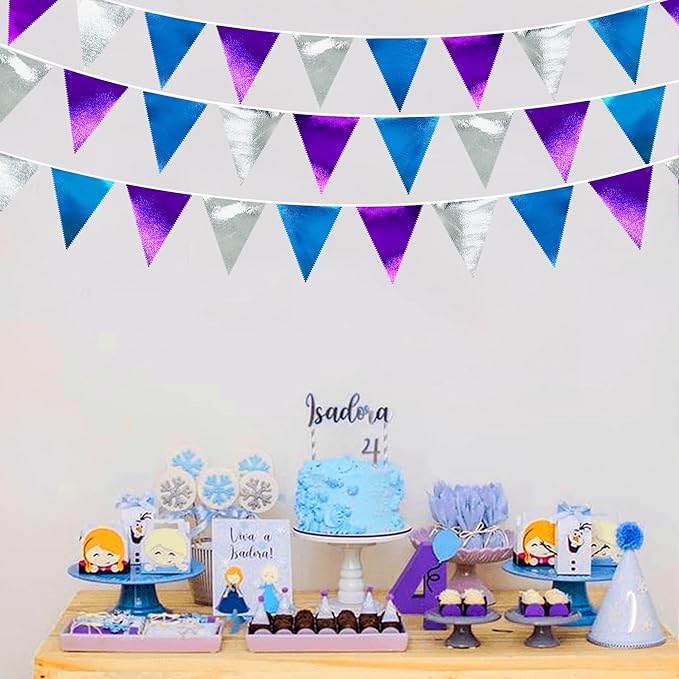 Frozen Party Decoration Purple Blue Silver Metallic Fabric Triangle Pennant Banner Flag Bunting Garland for Frozen Winter Wonderland Christmas Birthday Wedding Baby Shower Bridal Shower Party Supplies