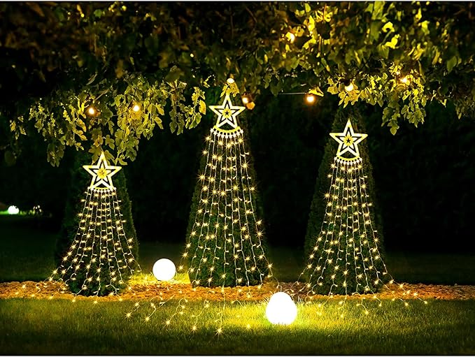 3 Pcs Christmas Decorations Star String Lights 3 Size 108/135/162 LED Waterproof String Lights with Christmas Tree Topper Lighting 8 Modes Waterfall Lights for Garden Yard Party, Warm White