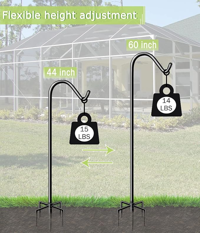 Garbuildman 60 Inch Tall Shepherd Hooks with 5-Forked Base, Adjustable Heavy Duty Bird Feeder Pole Stand Hanger for Outdoor, Shiny Black, 1 Pack