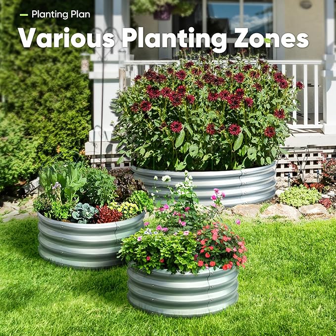 KING BIRD Raised Garden Bed Galvanized Round Planter Box Outdoor for Gardening, Plants, Vegetables, Flowers, Silver, 47x47x12 in