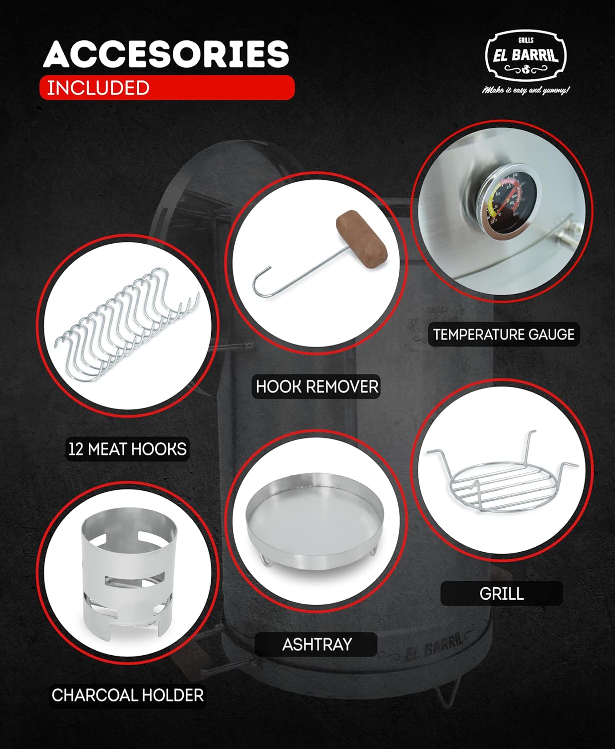 El Barril Lite Medium Barrel Smoker Grill, Stainless Steel 430, 30 lb Capacity, 12 Meat Hooks, Upper Grill and Handler, Portable Charcoal BBQ (Lite 30LBS Medium)