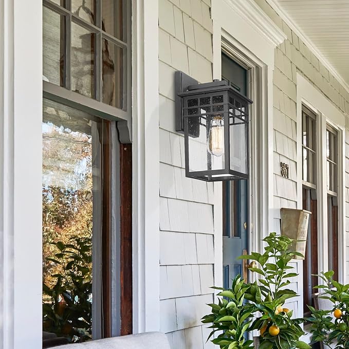 Outdoor Light Fixture Wall Mount, Modern Exterior Lights Fixture Wall Sconces with Seeded Glass for Front Porch, Farmhouse Rustic Waterproof Lantern Lamp in Black Finish for Home, Barn, Garage