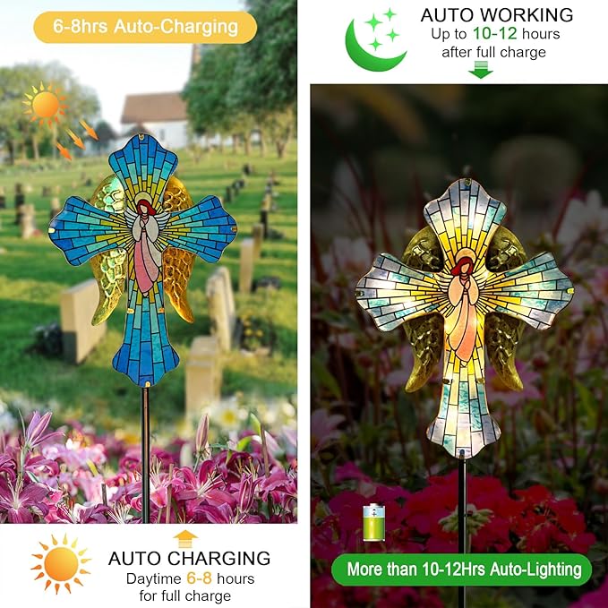 Solar Cross Garden Stake Lights for Outdoor Garden,Cemetery,and Yard Decor,Angel Wings Cross Solar Christmas Lights Outdoor,Memorial Gifts Angel