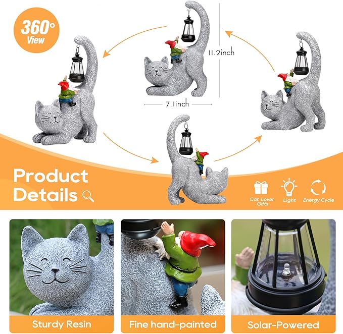 Cat Statue Garden Decor with Funny Gnome Figurine & Solar Lantern, Motherday Gifts for Mom,Birthday Gift for Women,Cat Statues for Garden,Patio,Yard Decoration, Gray, SR-C-003