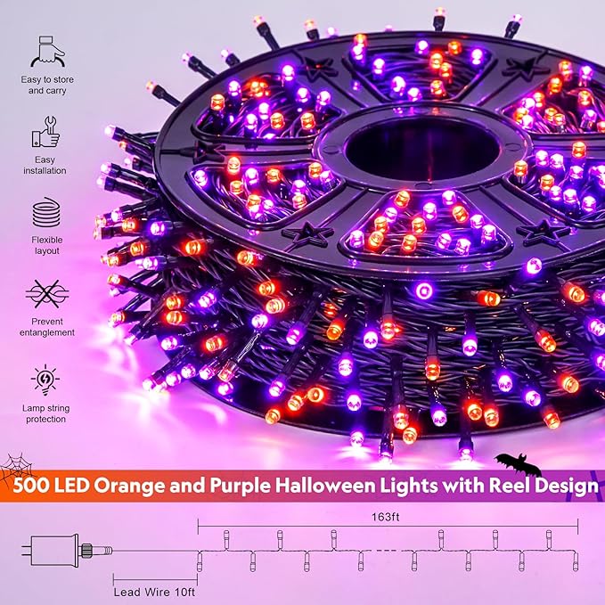 JMEXSUSS 500 LED Orange and Purple Halloween Lights, 173ft Halloween String Lights Outdoor Waterproof, 8 Modes Christmas Tree Light Plug in for Party House Indoor Decor