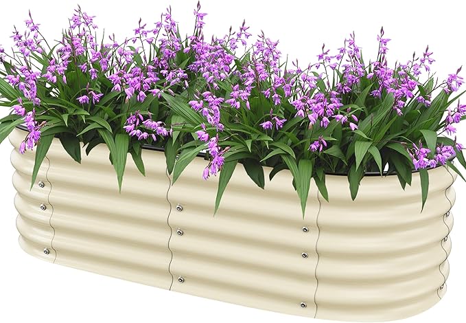 Raised Garden Bed 5x2x1.4 Ft Planter Box Outdoor with Rubber Edge Zinc-Aluminum-Magnesium Stainless Steel Durable Metal Garden Beds Kit for Vegetables, Flowers, Herbs and Succulents, Ivory