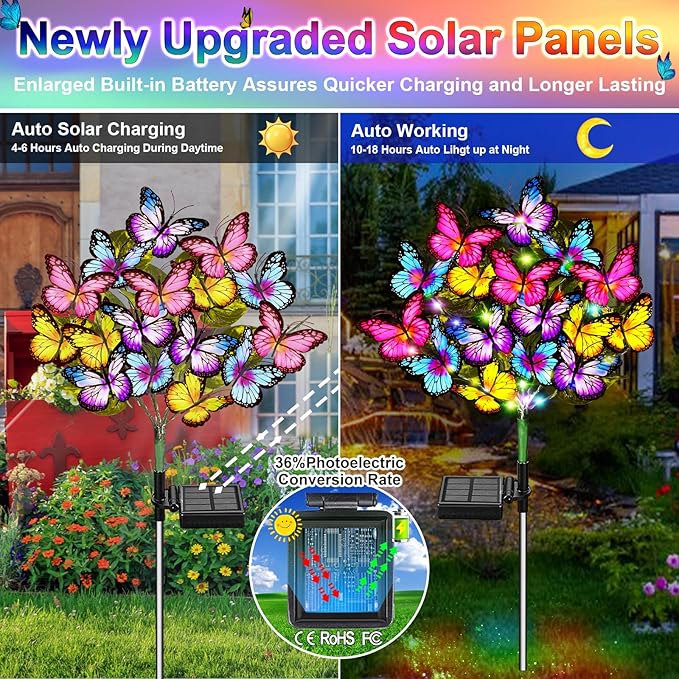 Solar Garden Lights Solar Lights Outdoor Waterproof Solar Lights 4 Pack with New Upgraded 144 LED 68 Butterflys Outdoor Solar Lights for Yard Outside Garden Pathway Decor Gifts for Women