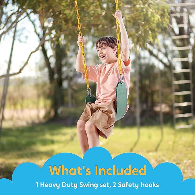 TURFEE Heavy Duty Swing Seat Green Color with 66” Chain, Swing Set Accessories Replacement with Snap Hooks for Kids Outdoor Play Playground