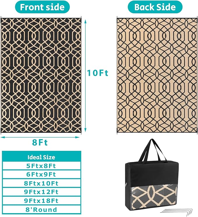 HEBE Outdoor Rug Waterproof 8x10, Reversible Plastic Straw Rug RV Camping Rug, Indoor Outdoor Patio Mat Clearance, Outside Carpet for Porch,Deck,Camper,Balcony,Backyard,Picnic