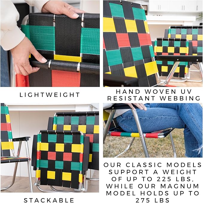 Lawn Chair USA Folding Aluminum Outdoor Patio Lawn Chair | Heavy-Duty Webbed Chairs for Camping, Sports, Beach, Yard & Tailgating | Lightweight Portable | High Back Beach Chair - Rasta Flag