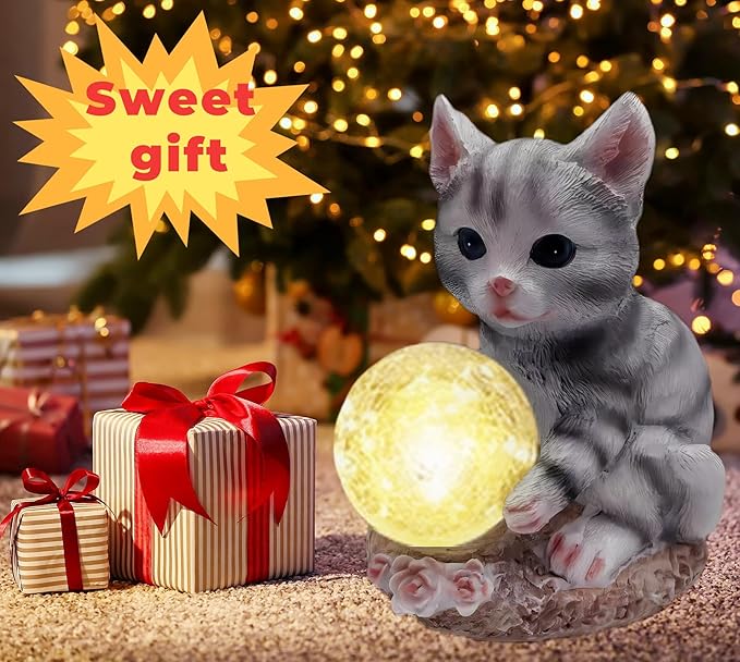 coolboy Solar Cat Outdoor Garden Statue,Waterproof LED Lights Outdoor Decor,Solar Lantern Indoor Figurines,Resin Cat Ornament for Patio Garden Table Decor
