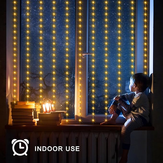 Solar Curtain Lights 7.9ft x 6ft 144 LED Outdoor Curtain Lights Waterproof with Timer 8 Modes for Christmas Garden Patio Fence Wedding Wall Window Gazebo Decor - Warm White