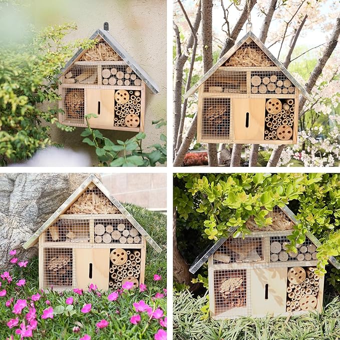 antiai Wooden Mason Insect Bee Butterfly House,Insect Hotel,an Outdoor Hanging Bamboo Habitat for Ladybugs Live,Bee Box,Butterfly Habitat for Garden,12.4 x 12 x 3.9 Inch
