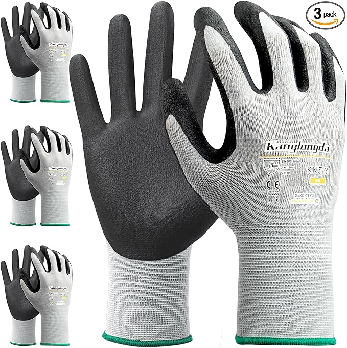 3-Paris XL Work Gloves for Men and Women, Nitrile Coated Safety Protective Gloves with Grip, Ideal for Gardening, Warehouse, Mechanic, Light Duty Construction Work