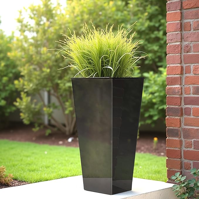 WORTH Garden 25" Large Metal Glazed Planter Set of 2, Luxurious Glossy Finish Black Tall Square Tapered Steel Plant Pots, Decor Flower Pot Indoor & Outdoor, Drainage Hole & Dual-Purpose Plant Saucer