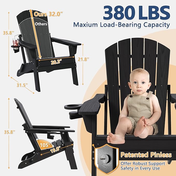 Folding Adirondack Chair Set of 2 with Cup Holder, HDPE All Weather Resistant Plastic Outdoor Patio Chairs, Heavy Duty Fire Pit Seating for Backyard Lawn Garden, Wooden Textured Design(Black)(Black)