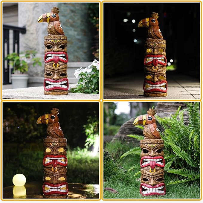 Outdoor Tiki Statue Decoration-Solar Garden Figurine - Woodpecker Waterproof Unique Housewarming Gifts for Women Patio,Balcony,Yard,Lawn Decor 15 Inch Tall