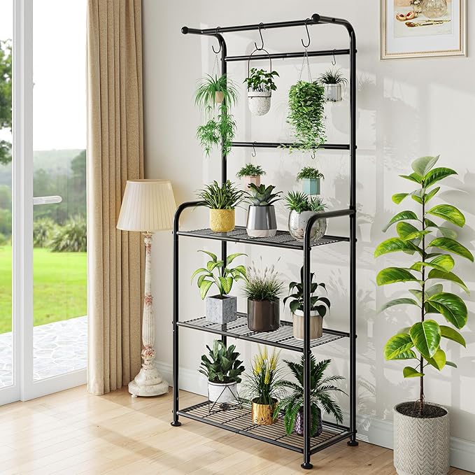 Plant Stand Indoor Outdoor, Heavy Duty Metal 3 Tiered Tall Hanging Plant Shelf for Multiple Flower Planter Holder 67" Large Rack for Living Room Garden Balcony, Black