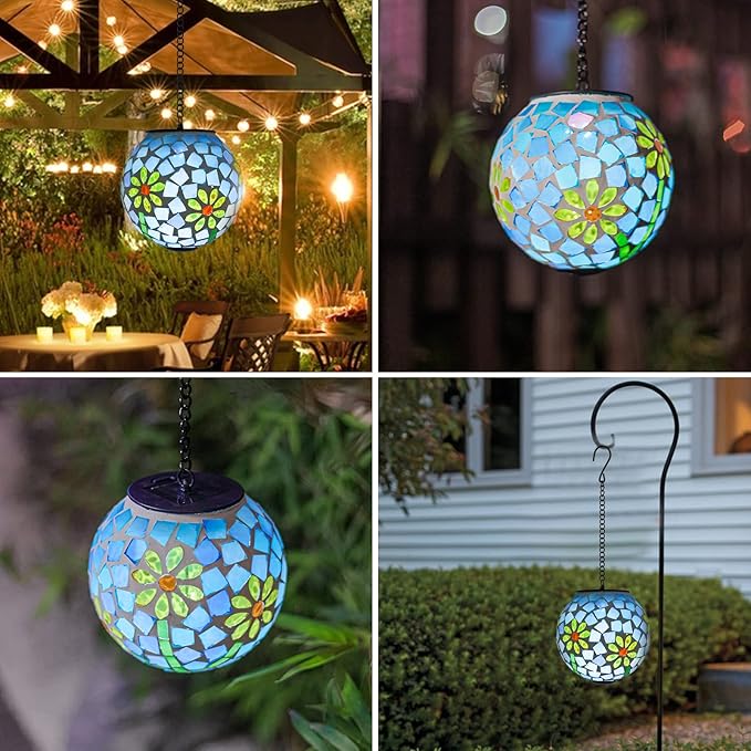 VCUTEKA Solar Lanterns Outdoor Waterproof - Hanging Solar Lights Garden LED Lanterns Mosaic Glass Design for Landscape Patio Yard Garden Pathway Decoration