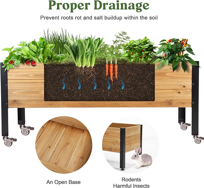 Wood Rectangular Garden Planter Box with Wheel Raised Garden Bed Outdoor,Planters for Outdoor Plants 37 * 13 * 15 Elevated Planter Box for Herbs Vegetables Flowers Outdoor Patio Deck Balcony